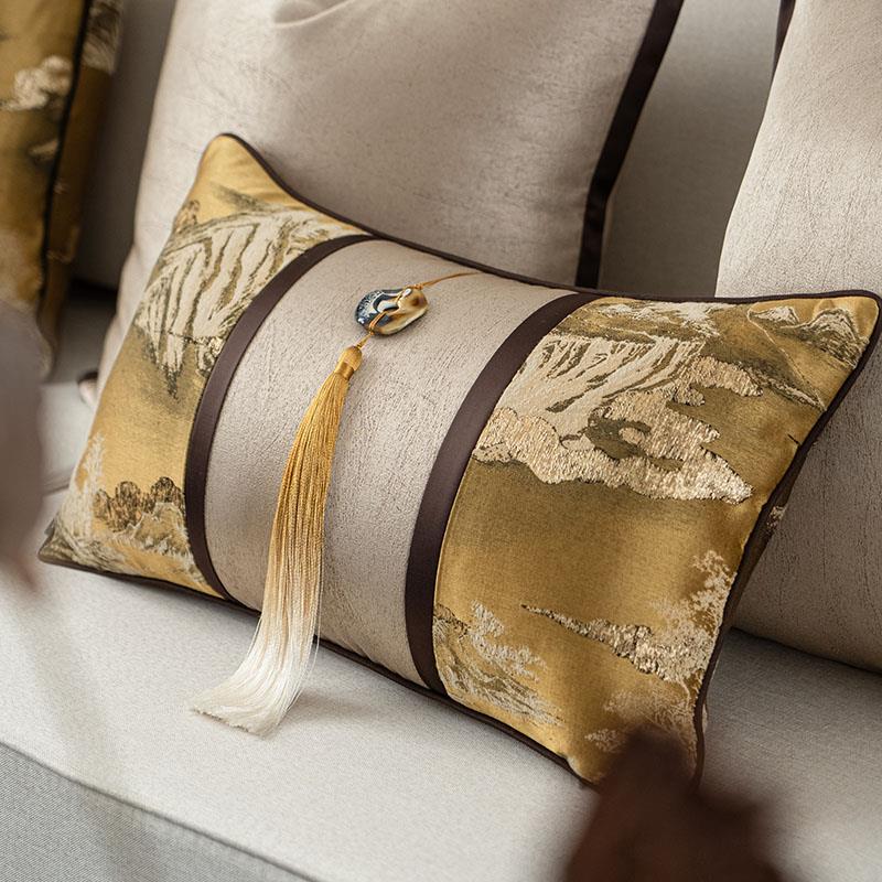 新中式客厅沙发抱枕套样板房床头靠垫方形古典黄山水靠枕流苏腰枕
