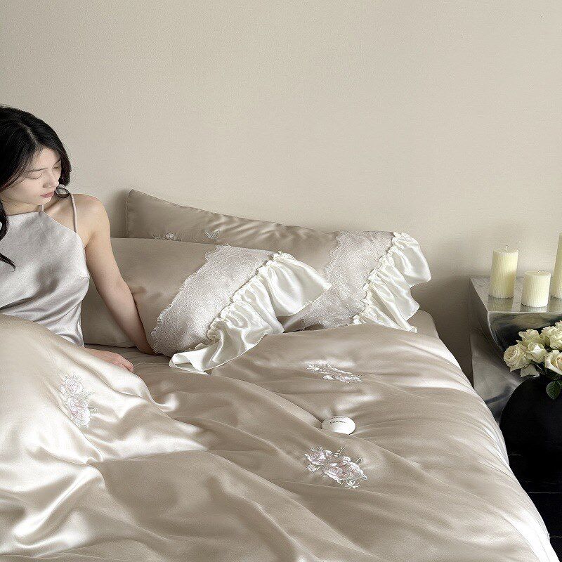 法式玫瑰庄园60S莱赛尔天丝刺绣床单被套四件套少女心床上用品1.8