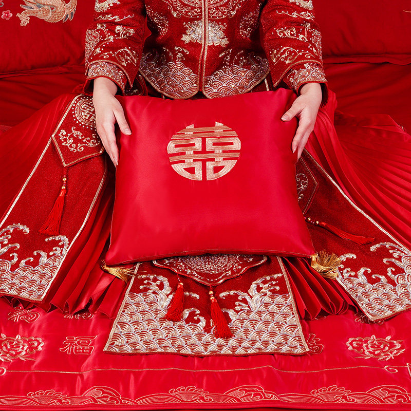 结婚床单套装中式刺绣婚庆四件套酒红色婚房床单陪嫁X结婚床上用