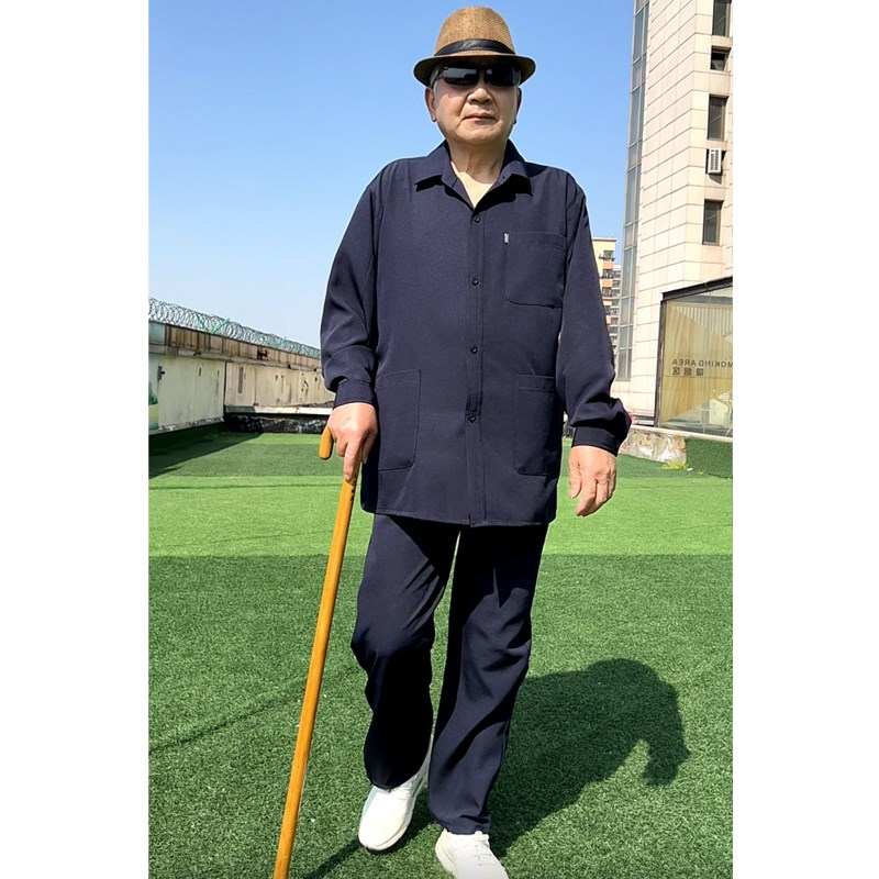 春季中老年男士多口袋套装爸爸薄款长袖衬K衫松紧腰长裤夏季爷爷