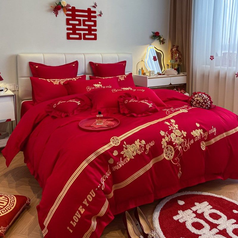 喜庆婚庆四件套被套n红色床单新婚六件套结婚床上用品喜被陪嫁