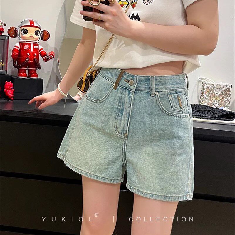 韩版牛仔短裤女夏季薄款阔腿裤宽松显瘦高腰浅蓝色开叉A字热裤潮