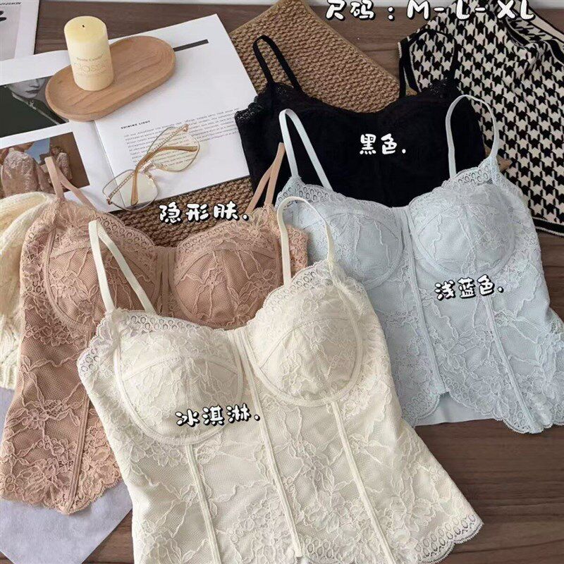 2602法式蕾丝美背吊带背心细肩带带杯垫文胸百搭修身显瘦内衣女夏