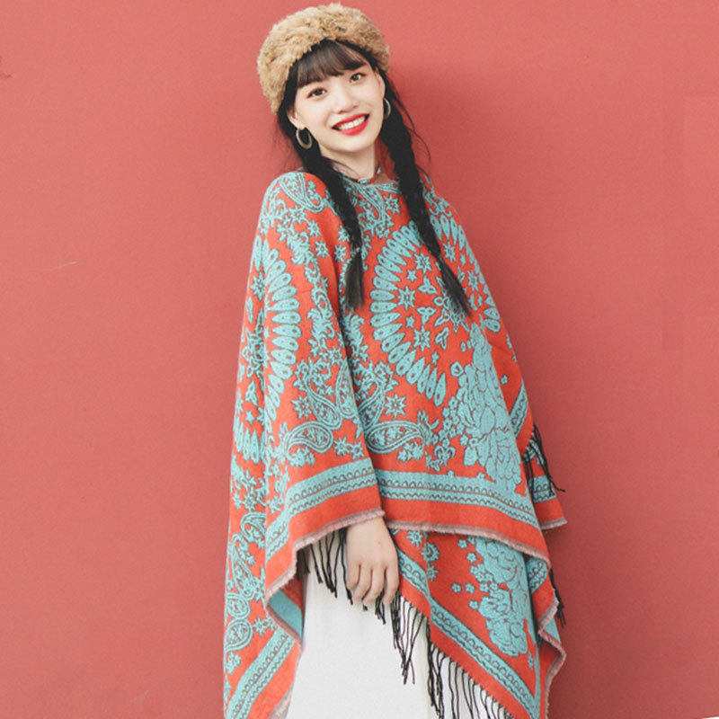 青海西藏草原异域旅游拍照披肩z女民族风加厚超大披风斗篷空调毛