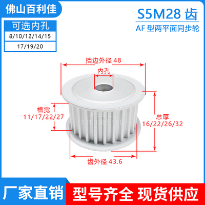 S5M28齿两面平齿轮28S5M同步轮槽宽11/17/22/27皮带轮齿外径40.6