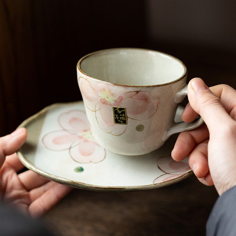 日本进口美浓烧手绘樱花咖啡杯碟套装复古红茶杯配托盘日式水杯子