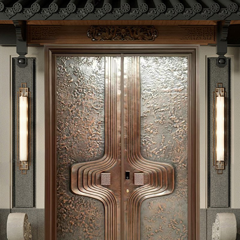 深圳纯铜别墅大门双开门乡村不锈钢入户对开门中式防盗门紫铜门