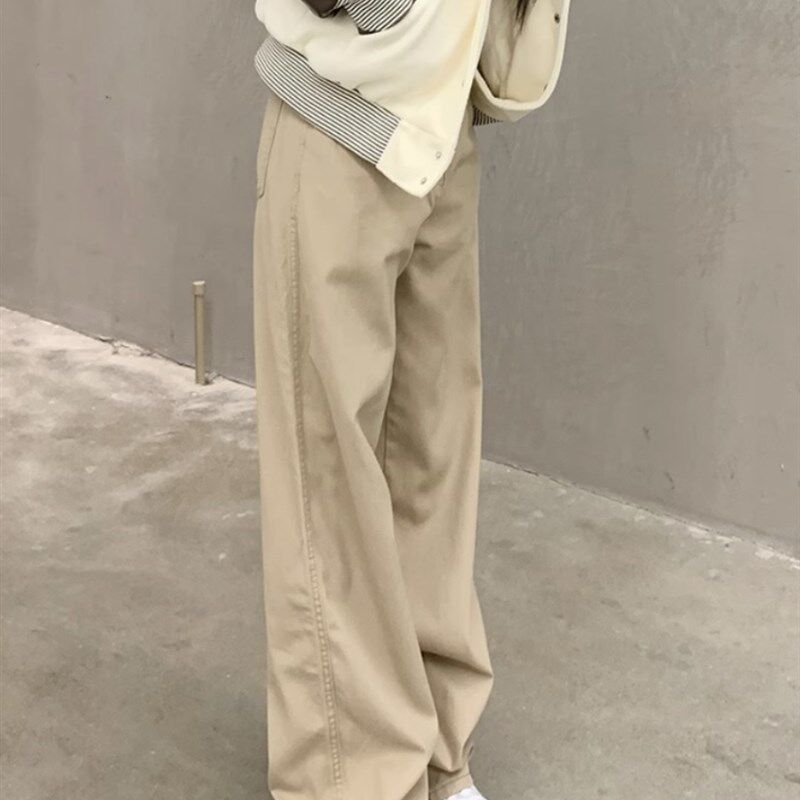 美式复古宽松卡其工装休闲长裤女棉麻高腰显瘦春秋直筒阔腿裤冬季