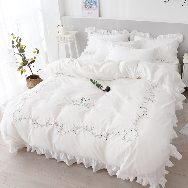 夏季韩式简约全棉四n件套田园公主风白色床单床上用品荷叶花边被