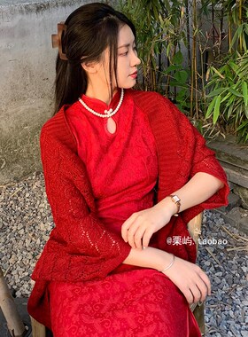 复古红色旗袍披肩女春秋外搭针织毛线国风礼服宴会敬酒服拍照披巾