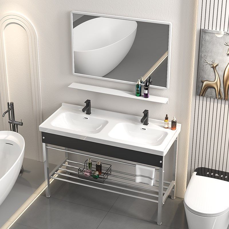 不锈钢支架洗f手盆左右盆双盆落地式陶瓷一体盆小户型室外洗脸盆