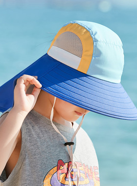 儿童防晒帽男童夏季户外出游大帽檐遮阳帽女童可扎马尾男孩太阳帽