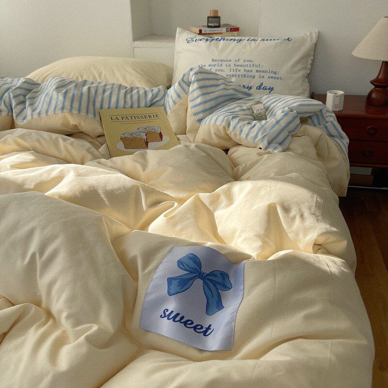 奶油风少女心全棉四件套简约纯色被套床单三件套X学生宿舍单人