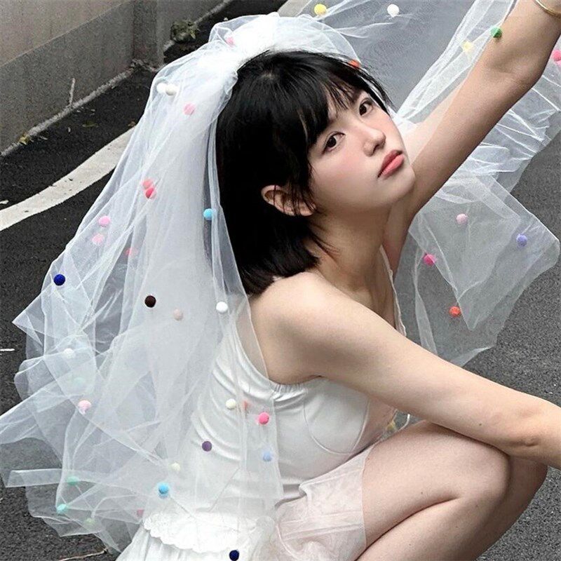 多巴胺彩色球球头纱发饰新娘结婚蓬蓬纱可爱造型拍照头饰