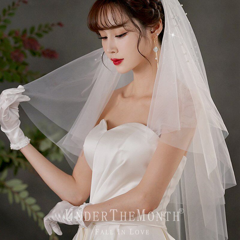 头纱新娘结婚主婚纱头纱超仙森系网红拍照道具领证珍珠头纱头饰