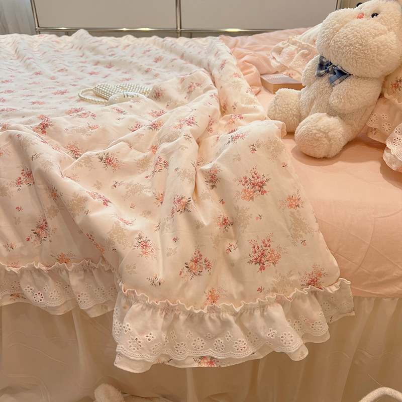 公主风花边全棉夏凉被四件套可机洗空调L被床裙女夏季薄款被子