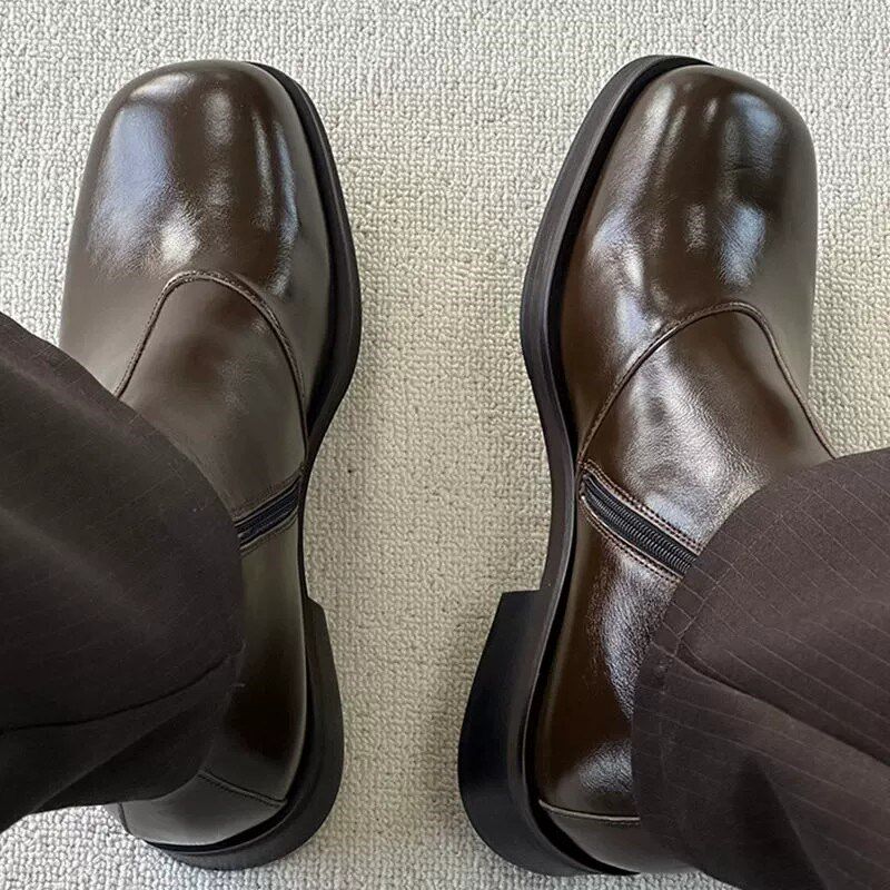 切尔靴男款方头德比鞋英伦v厚底增高烟筒靴冬季加绒拉链高帮马丁