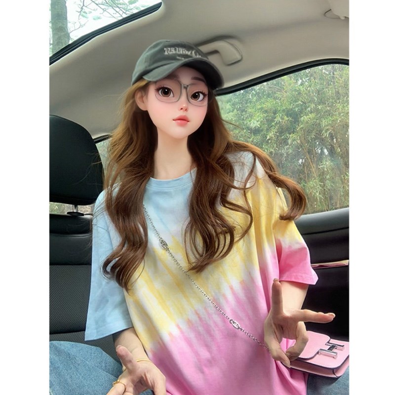 夏季甜美百搭多巴胺圆领短袖t恤女粉色渐变潮宽松小众设计感上衣
