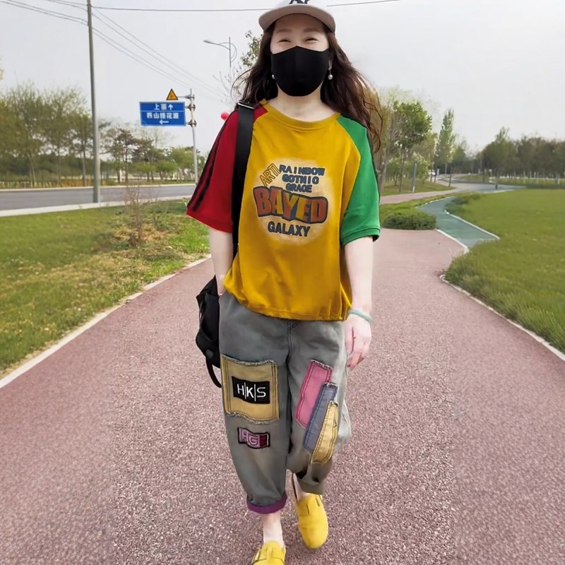 休闲时尚两件套女2025年夏季新款短袖拼色印花T恤+薄款牛仔八分裤