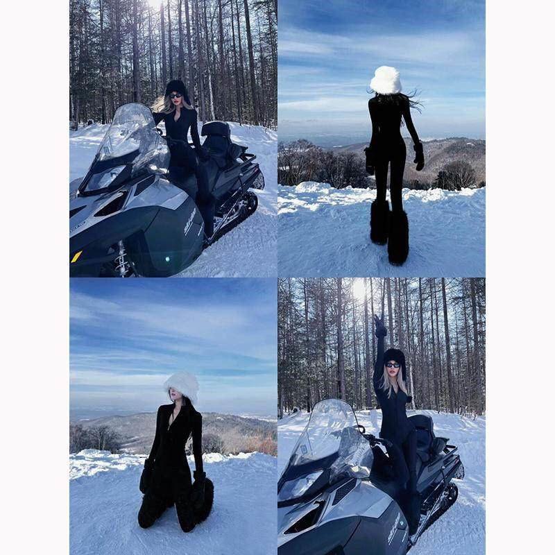 冬季雪地速干衣紧身弹力拉链辣妹瑜伽连体衣女显瘦黑色连身长裤子