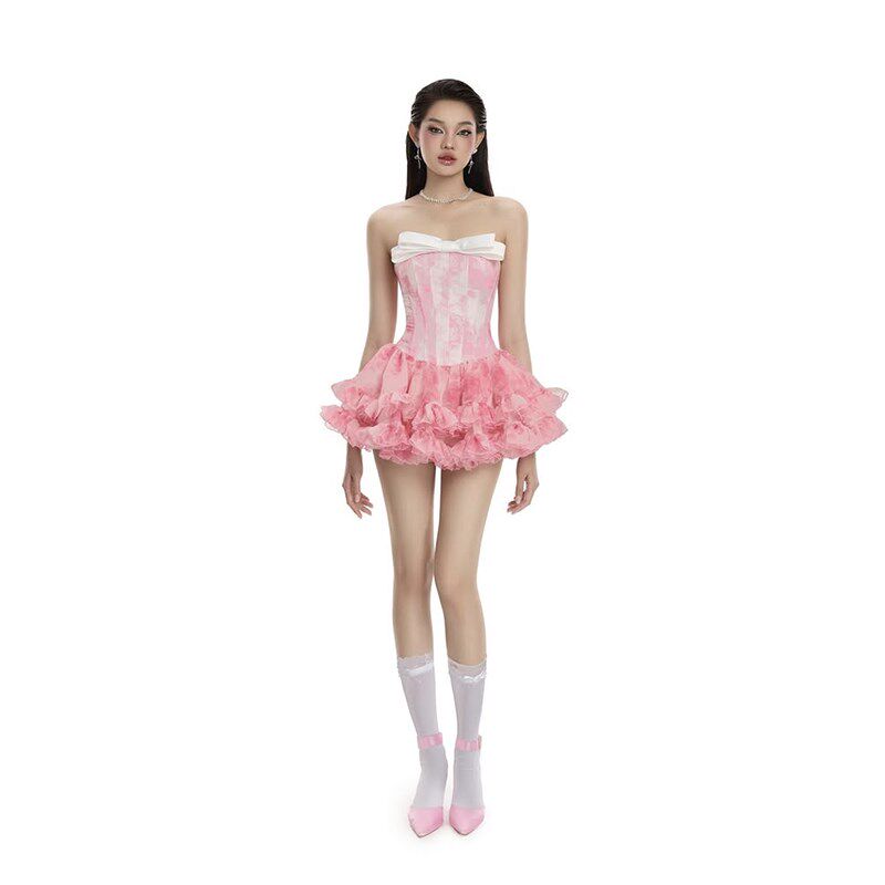 春夏新款设计感甜美修身蓬蓬蛋糕裙抹胸小礼服短裙连衣裙两件套