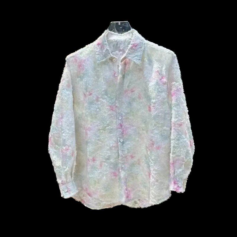 春夏季新款国风小众设计感男款碎花衬衫休闲O宽松长袖立体花卉衬