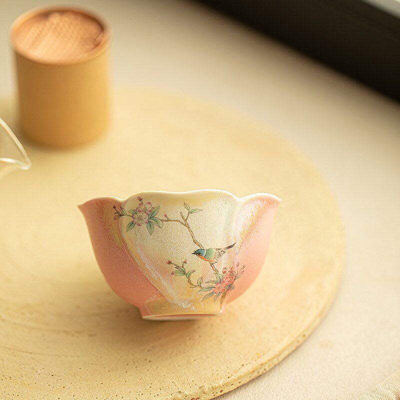花鸟结晶釉窑变茶杯主人杯花口品茗杯陶瓷茶具精致下午.茶功夫茶