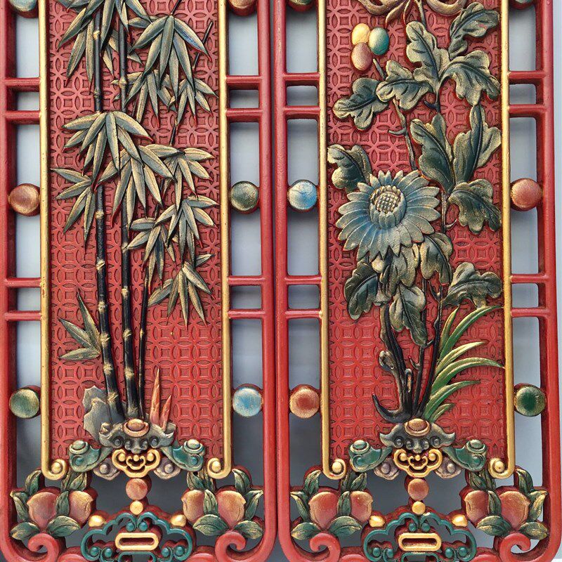 雕刻镂空工艺漆i器彩绘四条挂屏《梅兰竹菊》四扇阁四条屏挂匾摆