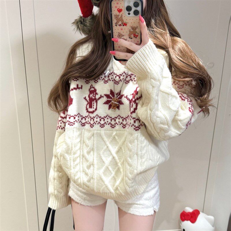 加厚版!圣诞新年套头毛衣女冬季新款韩版宽松白色麻花针织衫上衣
