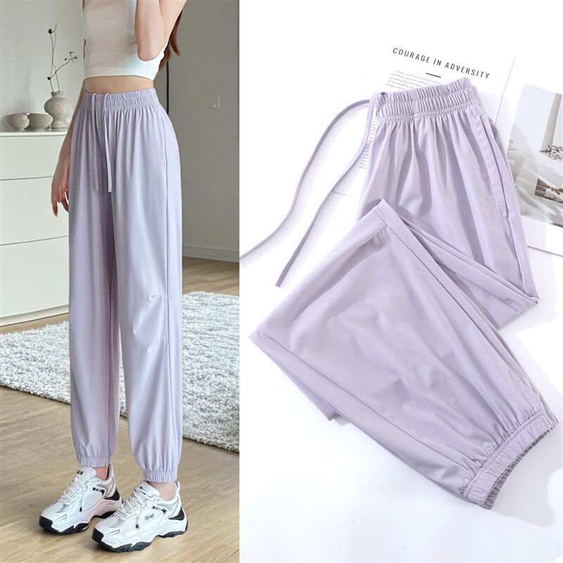 冰丝九分灯笼裤女夏季长裤束脚高腰薄款宽松小个子运动凉凉卫裤子