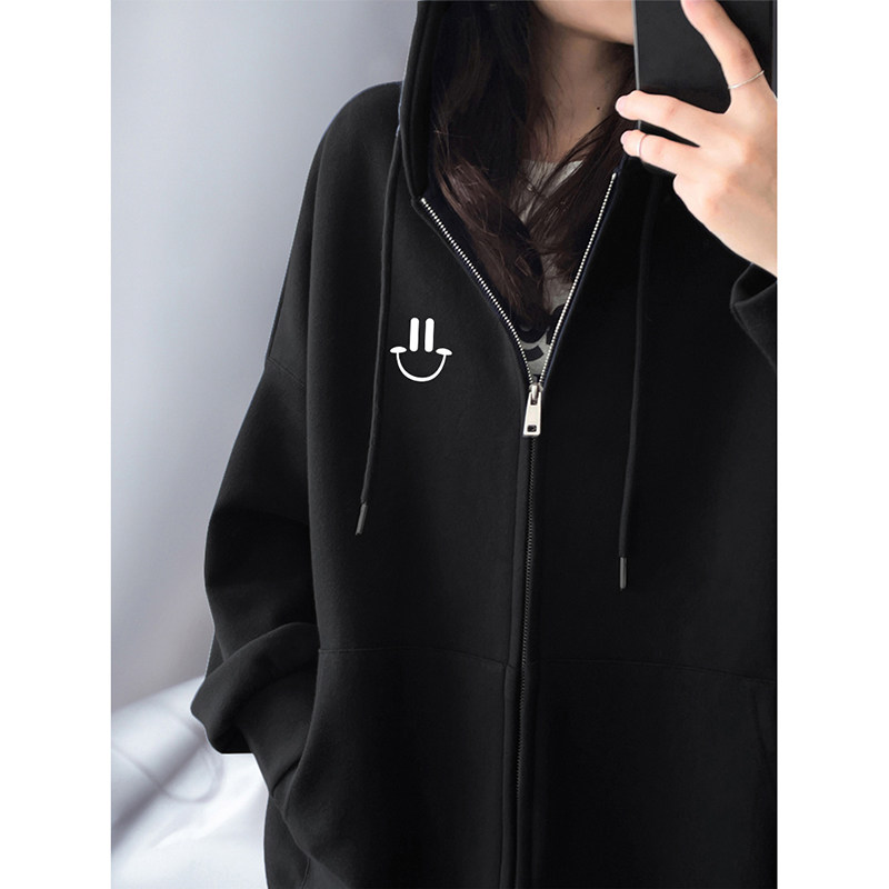 黑色卫衣连帽重磅宽松加绒拉链开衫外套女秋冬款大码美式复古上衣