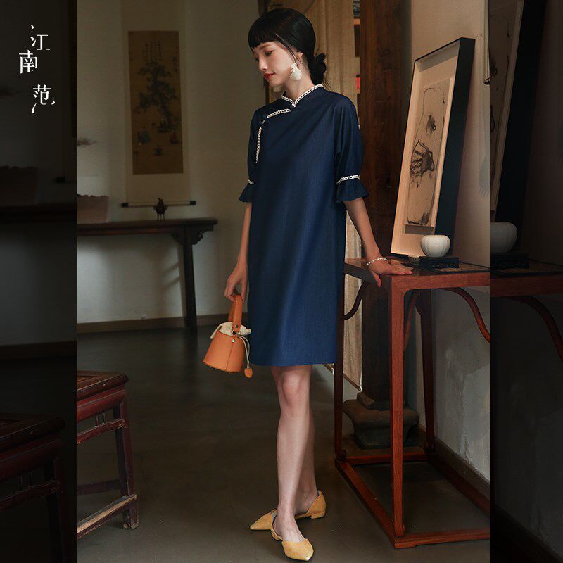 江南范新中式改良潮流旗袍年轻款少女牛仔蓝短款现代小个子休闲