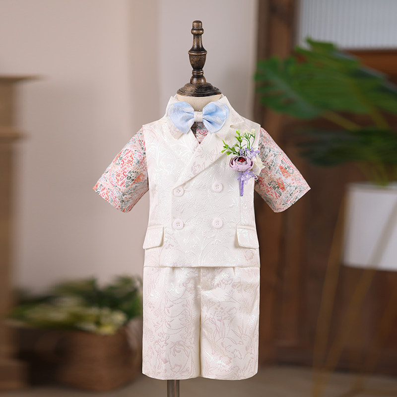 男童礼服短袖夏季儿童主持人花童马甲西装套装走秀钢琴演出服白色