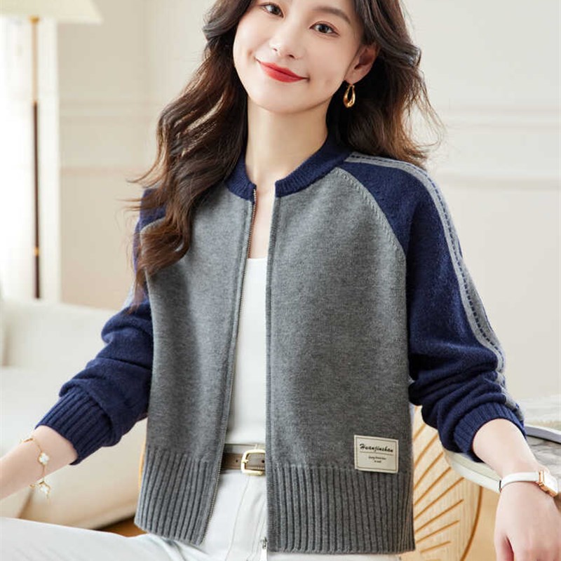 短款毛衣外套女2024新款春秋小个子羊毛外搭上衣立领拉链针织开衫