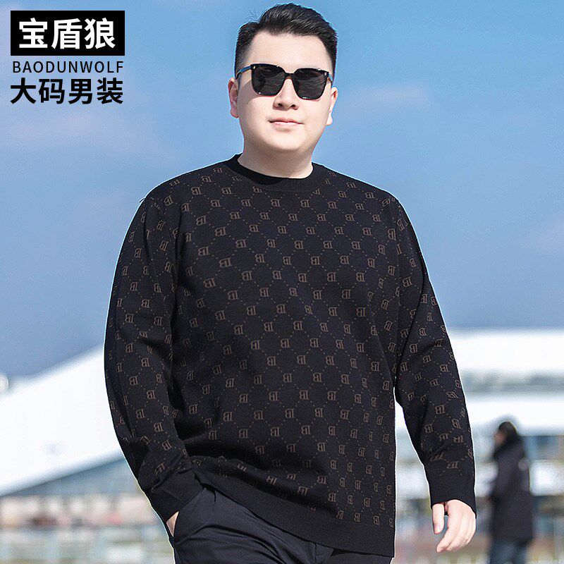 春季新款提花长袖毛衣男大码打底衫胖子圆领宽松针织衫套头上衣服