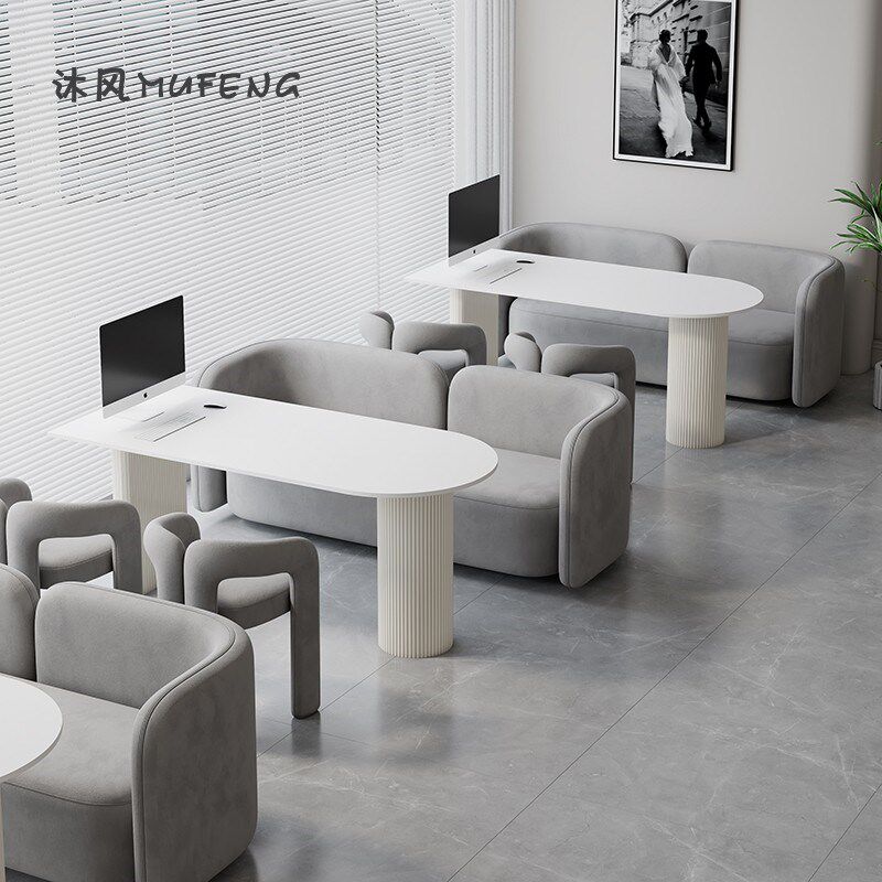 奶油风影楼选片区接待桌椅组合婚纱店休息区沙发接单桌医美洽谈桌