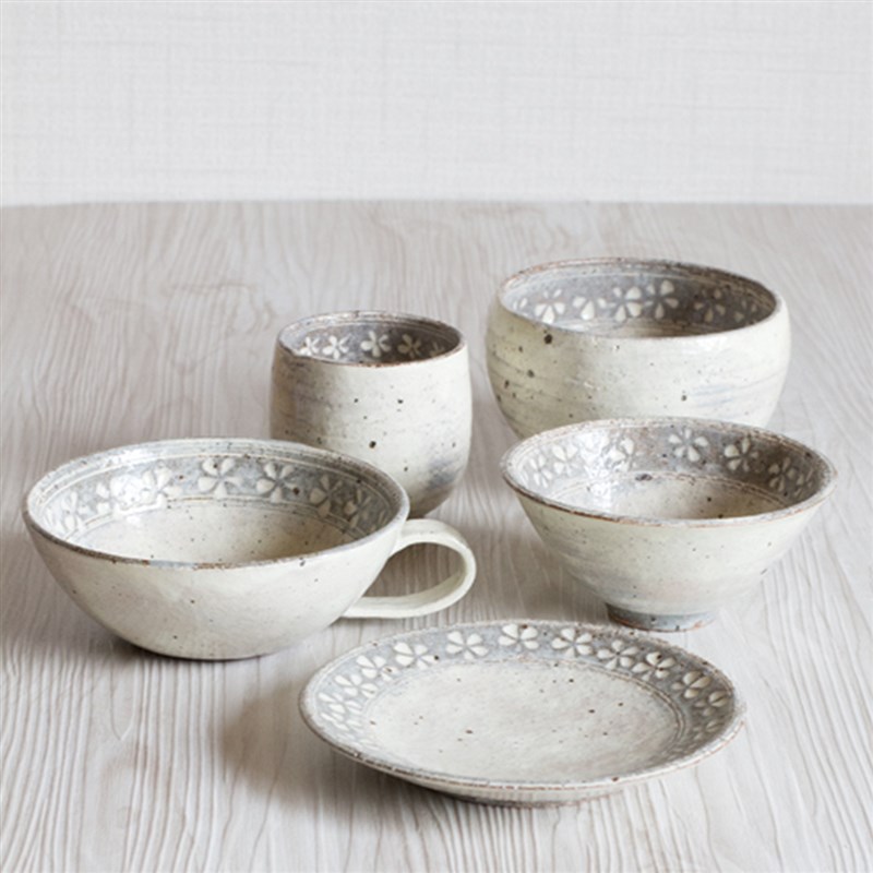 日本进口美浓烧粗陶花三岛米饭碗茶杯拉面碗汤钵酒盏早餐杯碟盘子