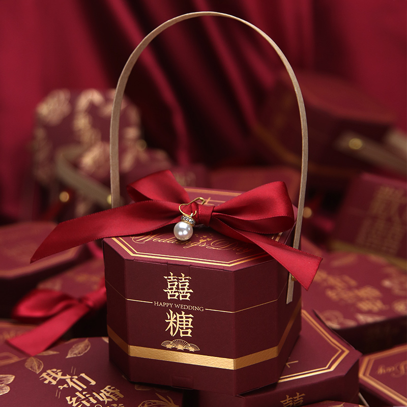 喜糖盒2024新款结婚伴手礼盒婚礼喜糖袋子中式手提八角糖盒子空盒