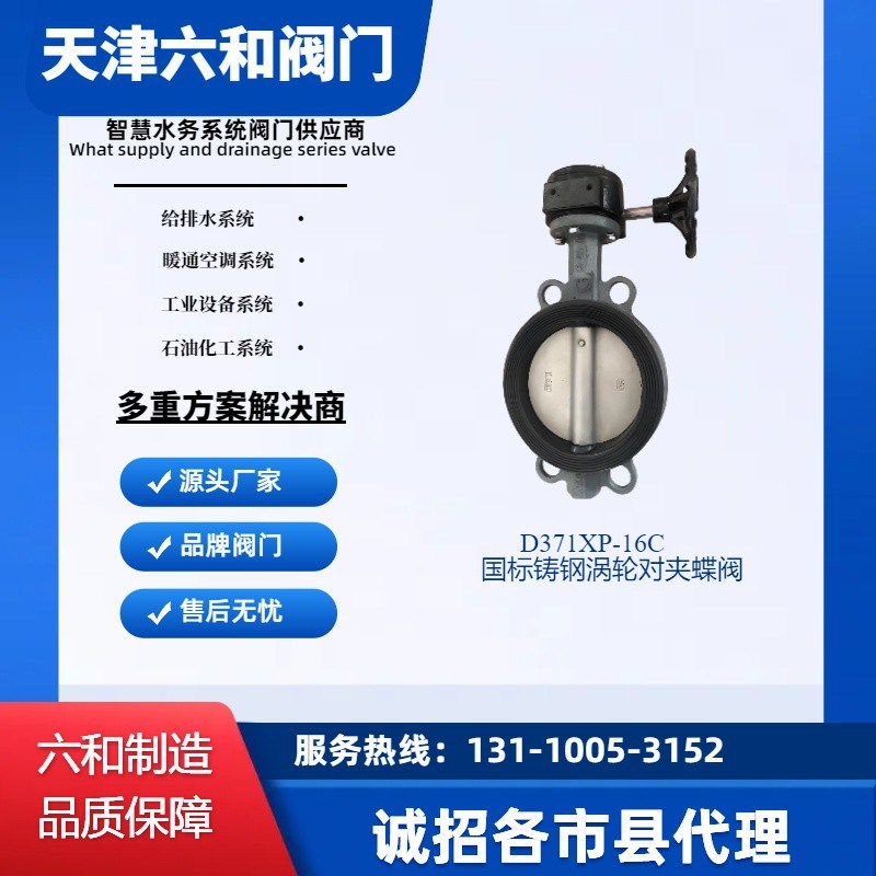 天津六和阀门D371XP-16C  国标铸钢涡轮对夹蝶阀 304板