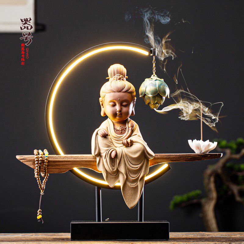 中式观音菩萨如来香熏摆件檀香沉香倒流香炉玄关供奉佛像桌面装饰