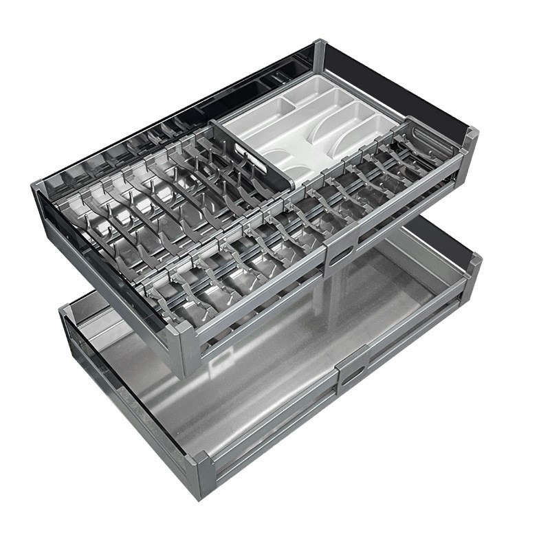 四边拉篮厨房橱柜抽屉式双层水晶款碗碟工具拉篮厨柜碗碟架锅具篮