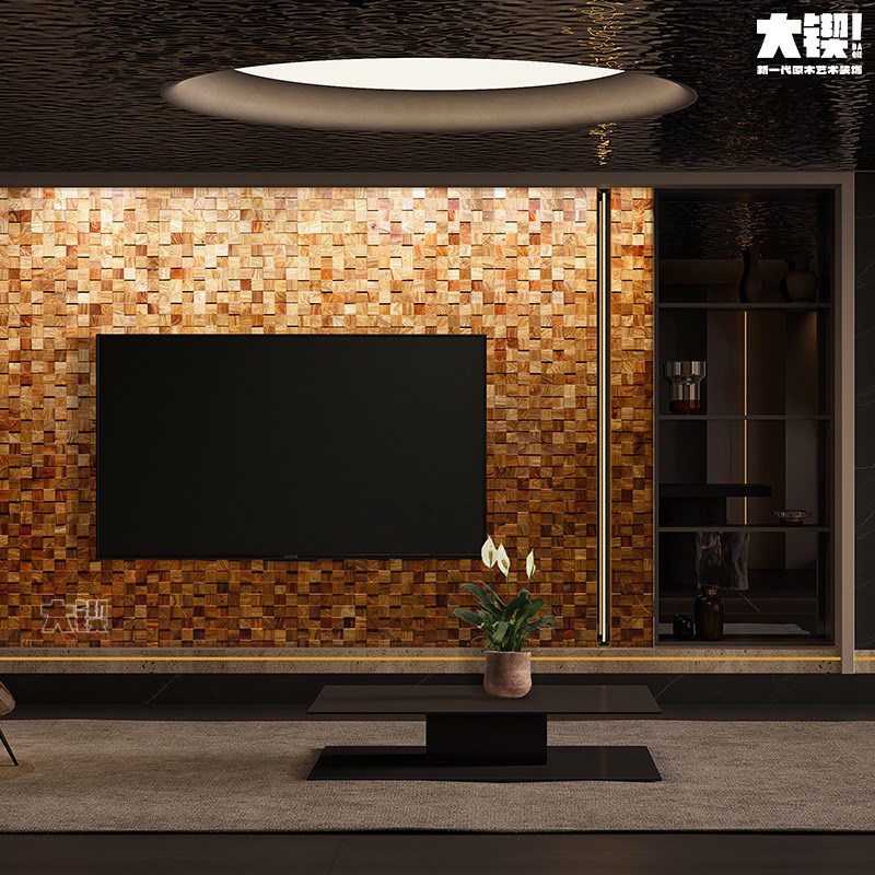 哑花梨原木马赛克小方块典雅高贵立体背景墙前台客厅玄关隔断装饰