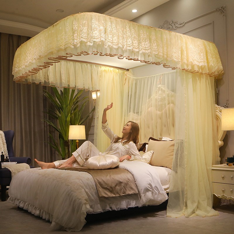 蚊帐家用落地u型导轨1.8m床公主风2米大床1.5m带支架加密加厚纹账