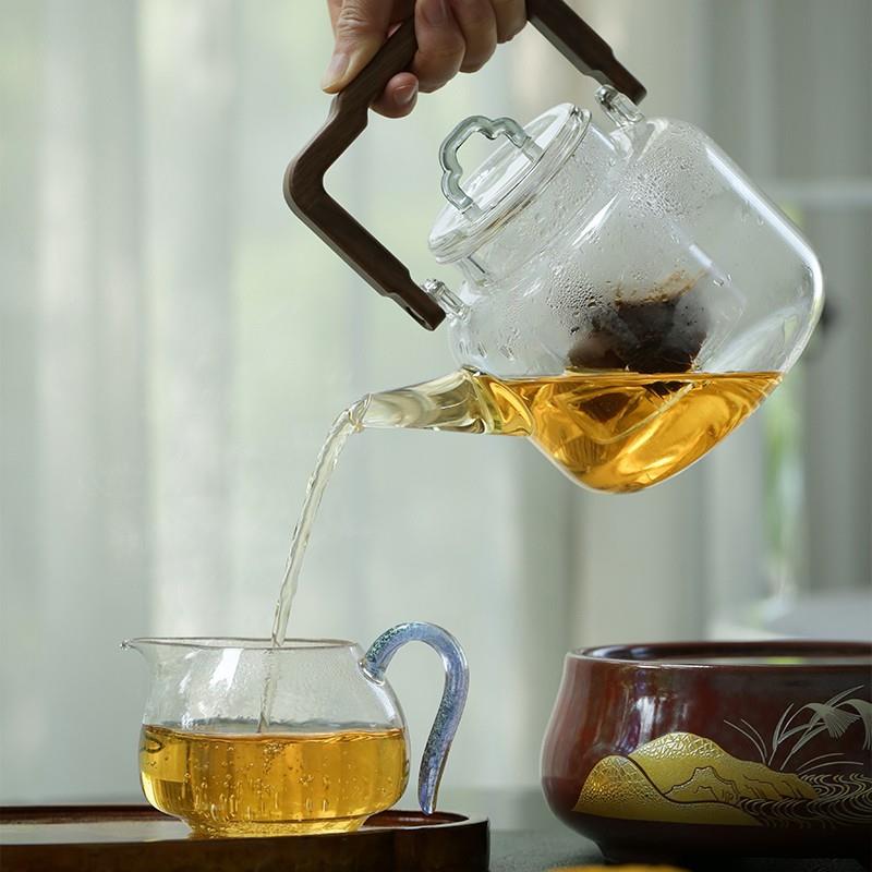 硼耐高热玻SAV璃煮茶壶胡桃木把灵硅韵壶耐温提梁茶壶蒸高煮两用