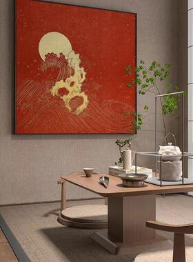 新中式红色抽象金色海酒店民茶浪室玄关厅客装饰画壁宿LLW画方形
