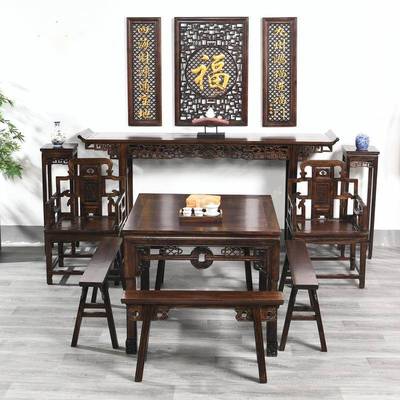 农村桌头供八翘仙桌组合中式实木中堂案六件套74250条案榆木堂屋