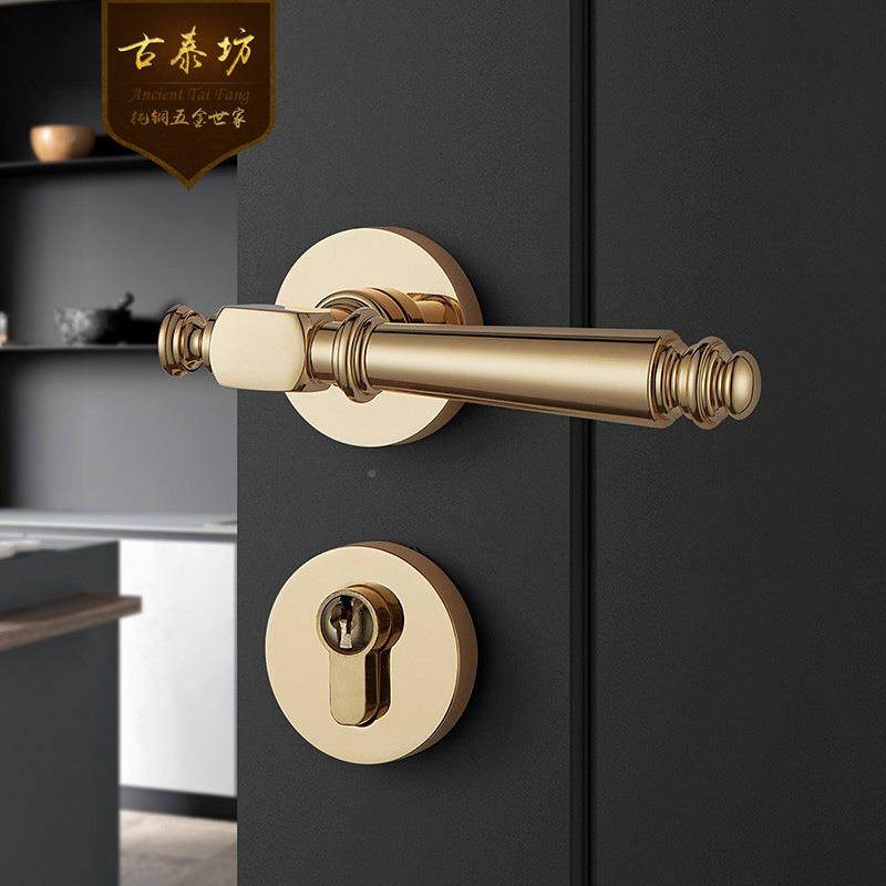 全铜门锁静音磁吸卧室房间双金开木色门把手法RNH轻奢复式古铜锁