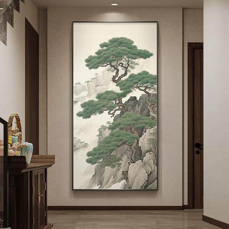 新迎客松入户关装饰画壁中式水墨画挂画走玄廊过道画新款UNF玄幻