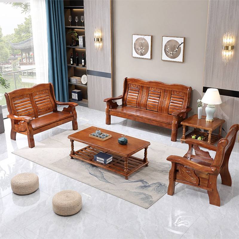 J&客厅家用农村办公室三人位茶几中式木质经济型凉全实木沙发组合