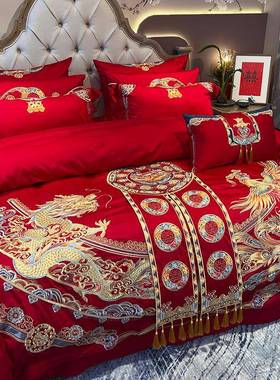 九喜狐婚家纺结上AEX用品龙凤刺绣四件庆婚套十件套新房婚房布床